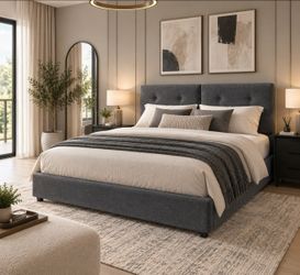 Queen bed Boucle Upholstered Bed Frame with Headboard, Removable and Washable, No Box Spring Needed, Wood Slat Support, Easy Assembly, Dark Gery