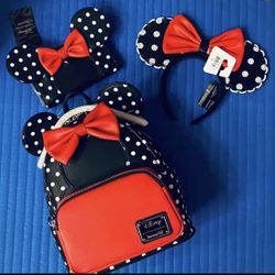 Loungefly Disney Minnie Mouse Bundle - Mini Backpack , Matching Wallet  and Matching  Ears  - All NWTs 