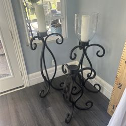 Wrought Iron Candelabra Candle Floor Standing Holder w/ Glass Shade 51” HEAVY