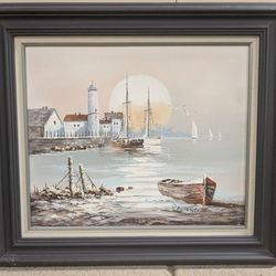 OIL PAINTING HARBOR LIGHTHOUSE NAUTICAL 28 x 32