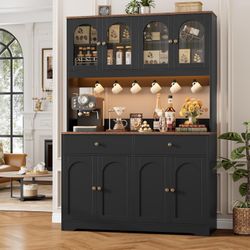 71" LED Kitchen Pantry Cabinet with Power Outlet, Large Kitchen Hutch Cabinet with 2 Storage Drawers & Arched Door, Countertop & Hooks, Tall China Bar
