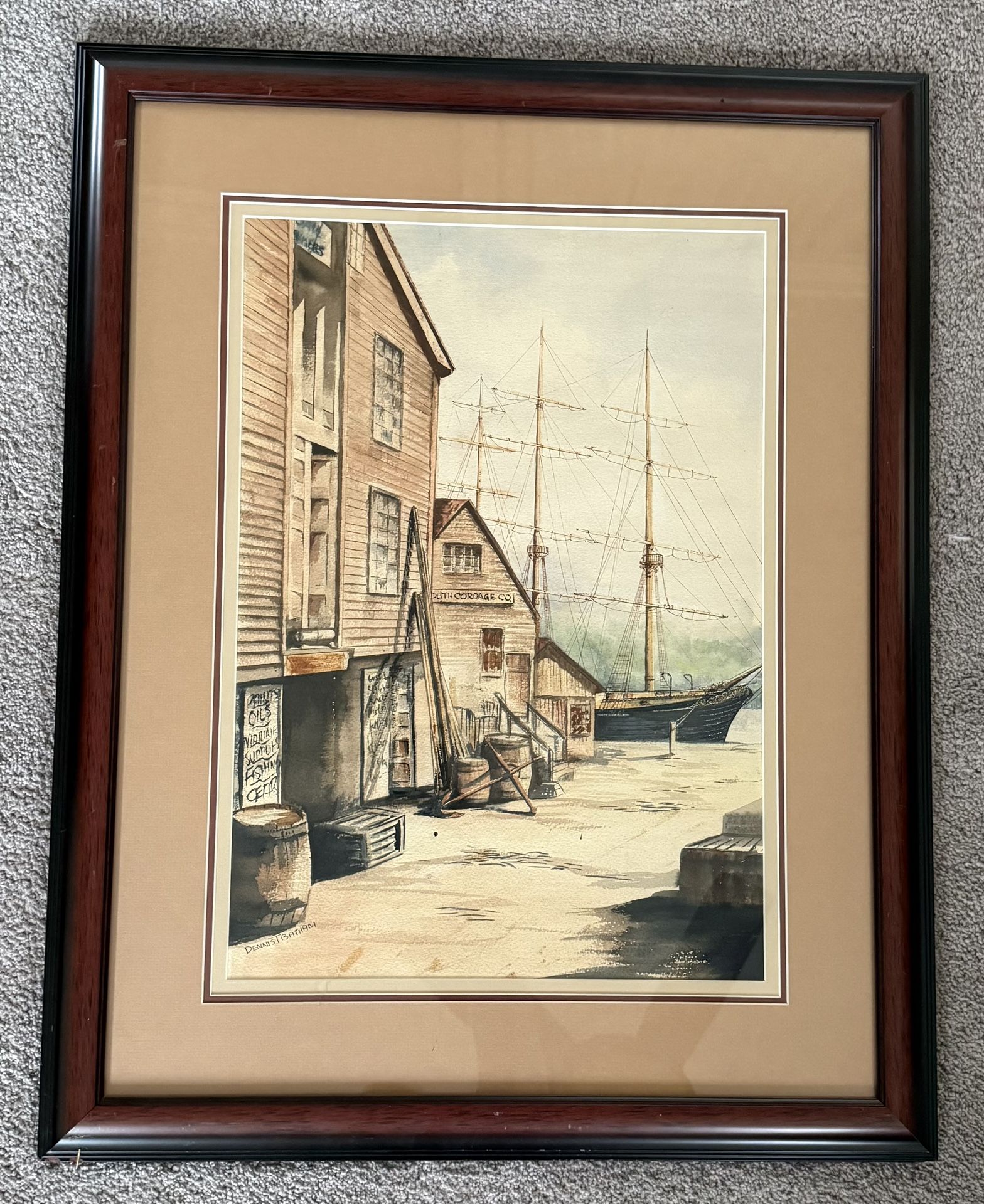 Dennis T. Batham (20th Century) Harbor Wharf and Tall Ship