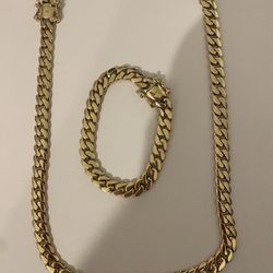 New 14k Yellow Gold Filled Cuban Link Chain And Bracelet Set 