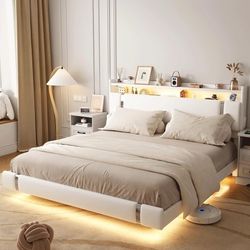 King Size Floating Bed Frame with Storage Headboard, LED Light & Charging Station Platform,White