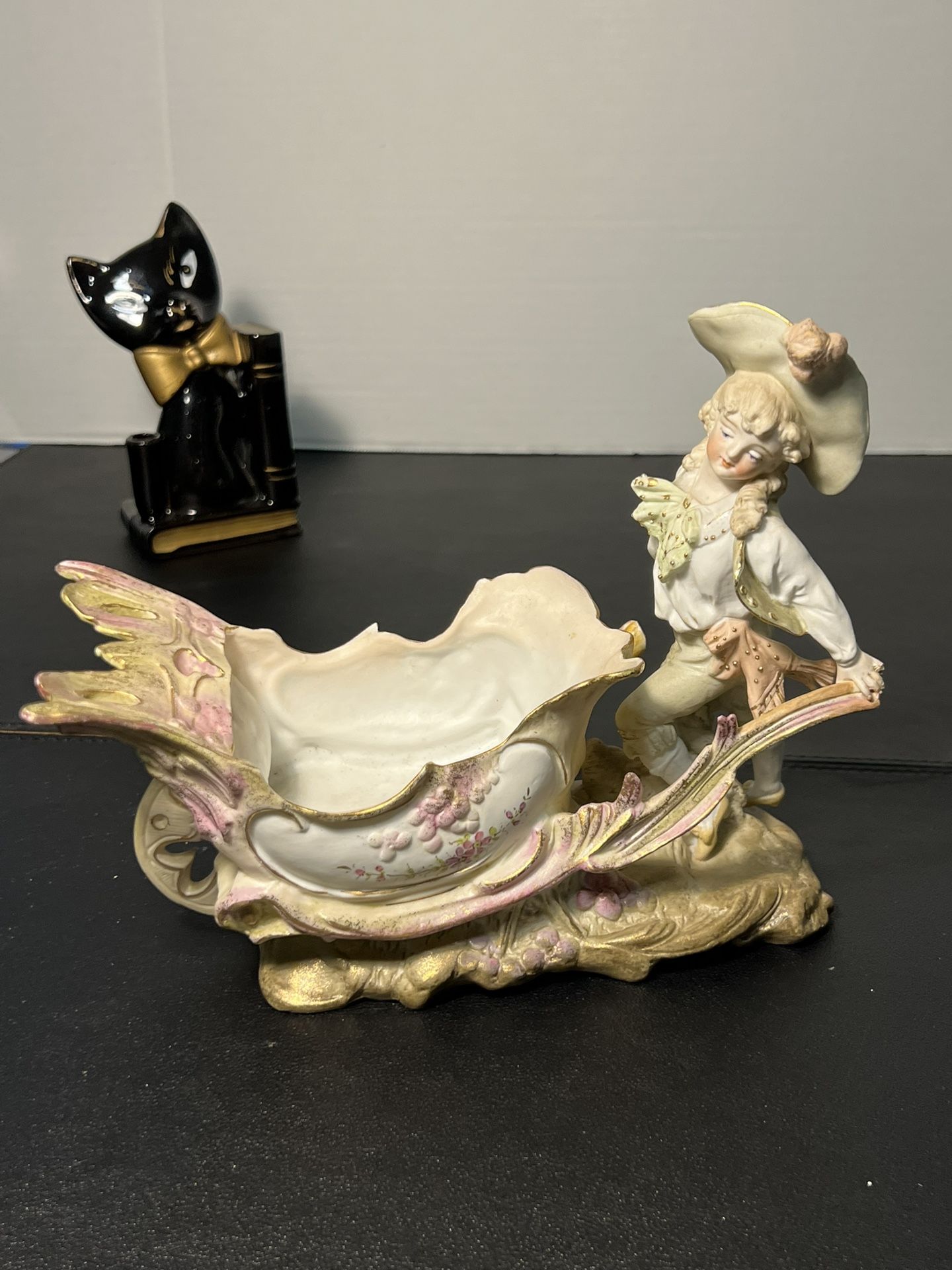 Dresden Porcelain Antique 1900s Boy Wheelbarrow Fancy Gravy Boat Candy Dish Planter