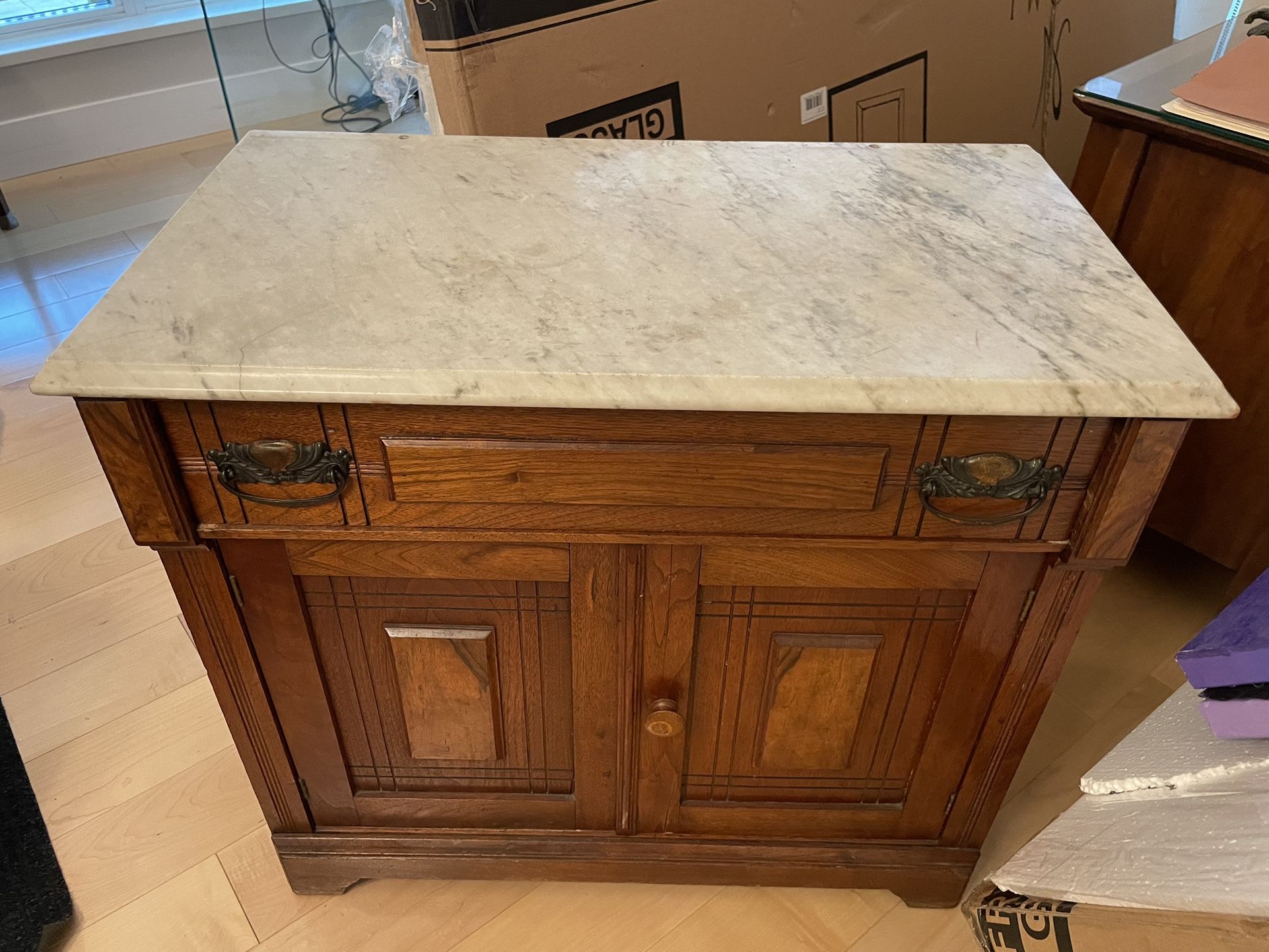 Wood And Marble Cabinet Console Side Table Liquor Cabinet Nightstand Antique Vintage