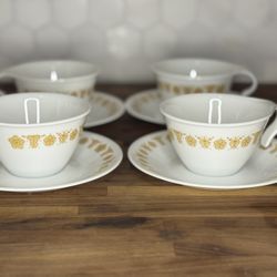 Corelle Butterfly Gold Cups & Saucers – Set of 4 – Vintage CorningWare
