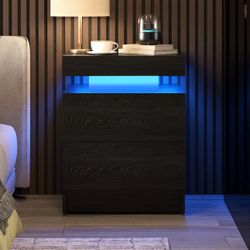 LED Nightstand, Modern Black Night Stand End Tables with APP & Remote Control LED Lighting