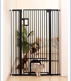 New* 55" Extra Tall Pet Gate with Adjustable Cat Door, 29-43" Auto Close Dog Gate, NO Drilling Press