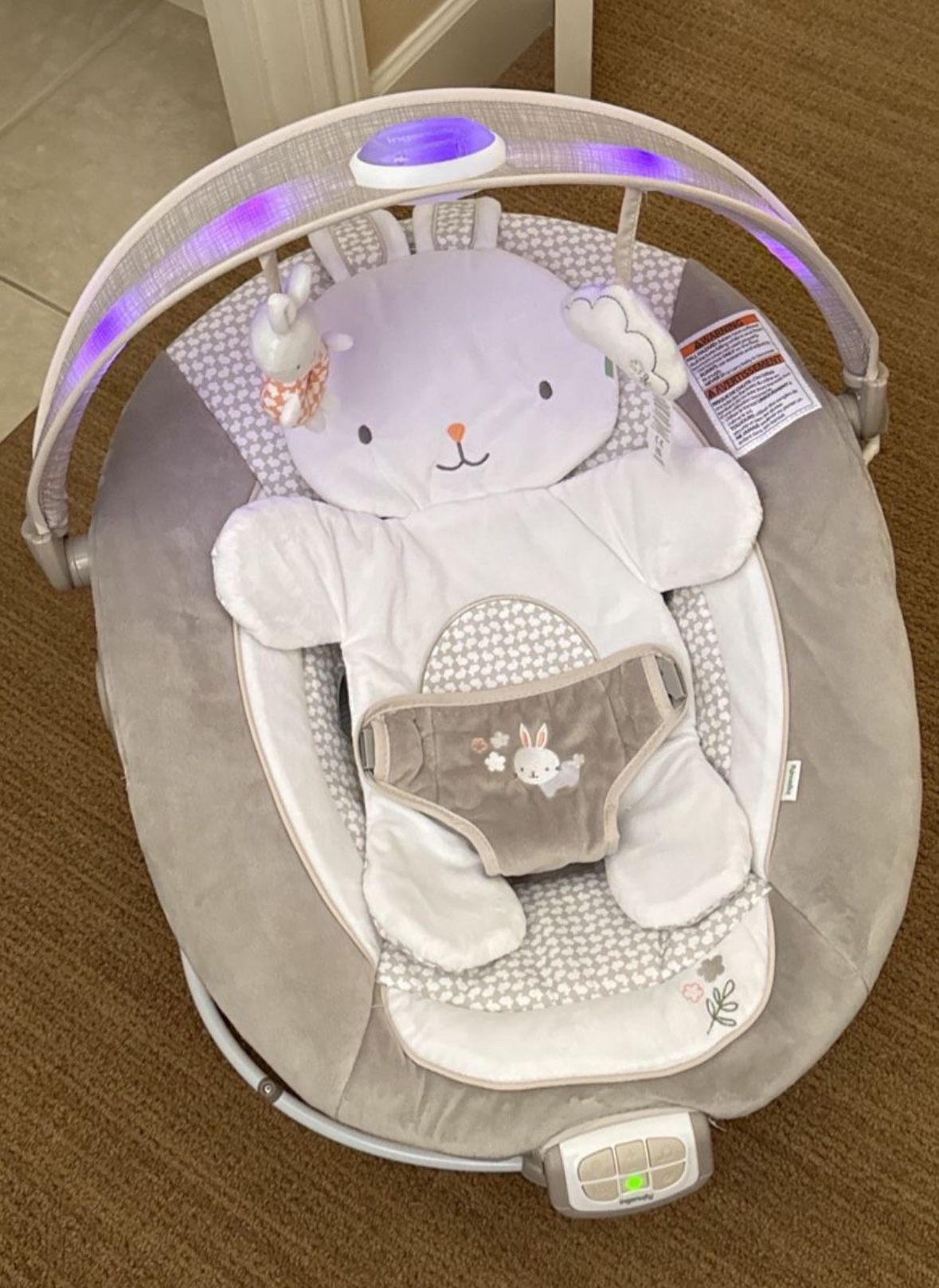 Ingenuity InLighten Baby Bouncer Seat, Light Up Toy Bar, Bunny Tummy Time Pillow Mat - Twinkle Tails