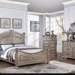Brand New Upscale Champagne Queen Size 6pc Bedroom Set 