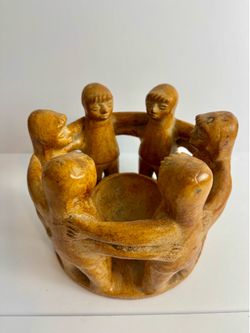 Vintage Circle of Friends Clay Tealight Candle Holder Mexican Folk Art Decor