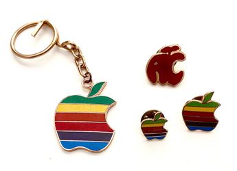 Vintage Apple Computer Keychain & 3 Lapel Pins