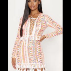 Orange Aztec Sequin Tassel Hem Bodycon Dress