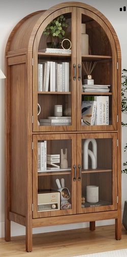 Arched Display cabinet with Acrylic Glass doors, Modern 5-tier Storage bookcase for living roo