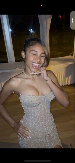 champagne beige strapless dress with pearls
