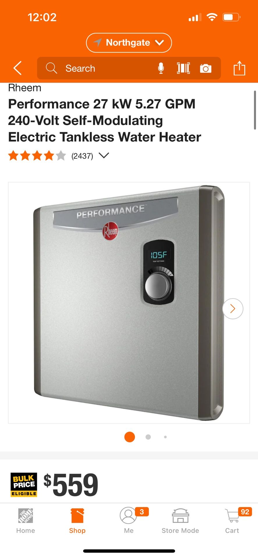 Rheem Performance Tankless Electric Water Heater