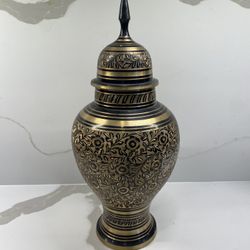 Etched Black Brass Gold Flower Motif Vase with Lid / Urn - From India