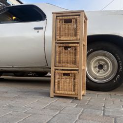 Solid Wood 3-Drawer Storage Tower w/ Wicker Baskets – Perfect for Bathroom or Bedroom – $15