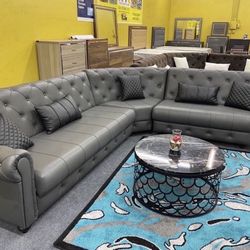 New Grey Leather Living Room Sectional Sleeper - Delivery And Financing Available 