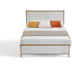 Dolonm Upholstered Queen Size Platform Bed Frame, with Headboard and Strong Wooden Slats Metal Bed Frames, No Box Spring Needed Sponge Soft Bag 