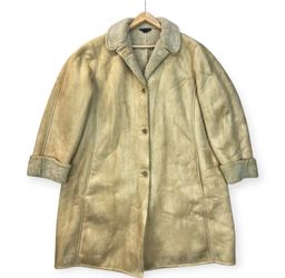 Land’s End Womens Long Coat Brown Faux Leather Sherpa Button Boho Western Sz 2x