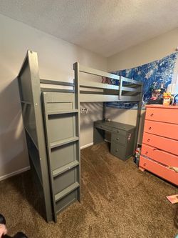 Gray Wood Loft Bed with Desk and Ladder