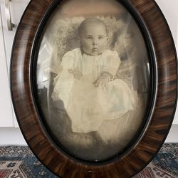 Antique Tiger Wood Oval FRAME convex Bubble Glass picture portrait art Victorian