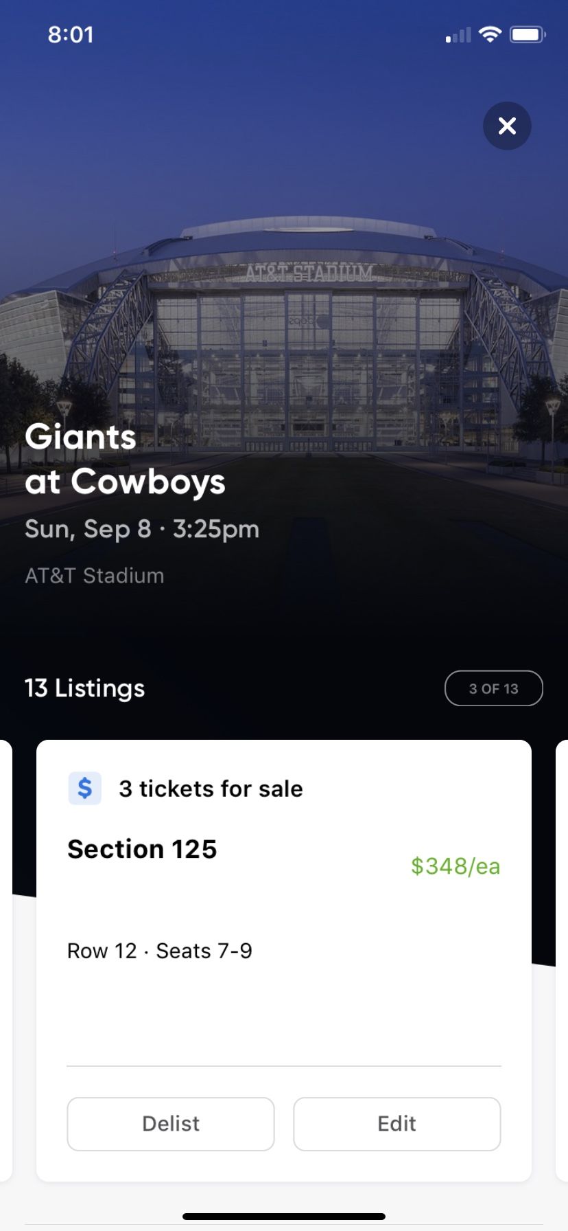 (3) Great Lower NY Giants @ Dallas Cowboys Tickets Actual 5th Row Up $325