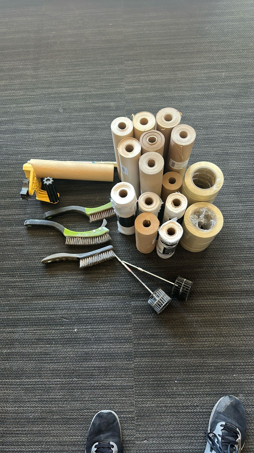 Masking tape, masking paper, masking gun, mixers, and brushes