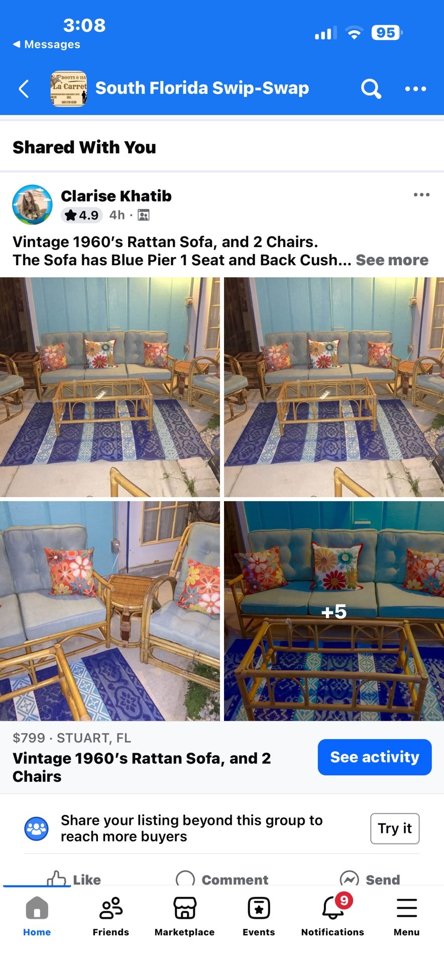 Vintage 1960’s Rattan Sofa, and 2 Chairs