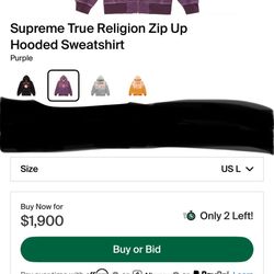 Supreme Collaboration w/ True Religion Purple Zip up hooded sweatshirt Limited edition