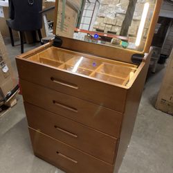 Walnut Wood Vanity Desk with Flip Top Mirror, 4 Drawers & Stool, Mid-Century Modern Makeup Table with Wheels, Retro Dressing Table Set