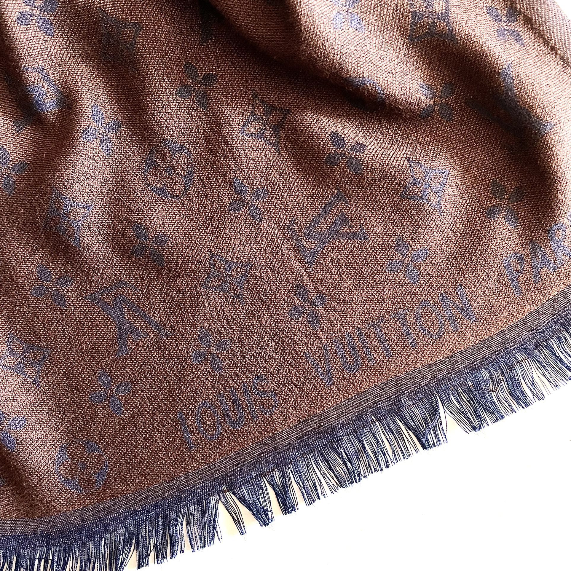 Louis Vuitton LV Monogram Silk Cashmere Scarf - 74"x27.5" Wrap in Brown & Dark Blue 