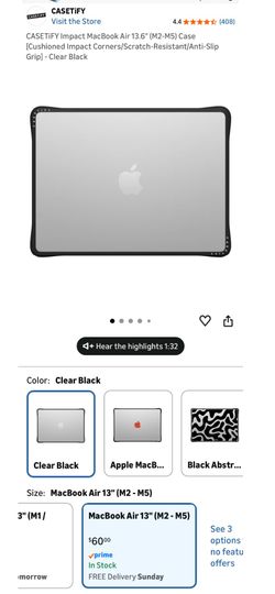 CASETiFY Impact MacBook Air 13.6" (M2-M5) Case [Cushioned Impact Corners/Scratch-Resistant/Anti-Slip Grip] - Clear Black