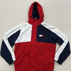 TOMMY HILFIGER Mens Red Color Block Hooded Jacket  Size S Small 