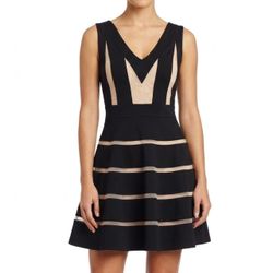 Alt.B Black & Nude Mesh Panel Skater Dress Size Large V-Neck Fit & Flare LBD