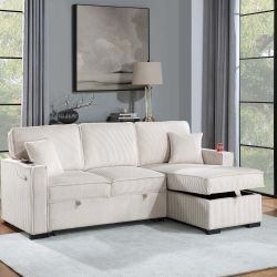 Brand New Biege Or Gray Corduroy Convertible Sectional With Storage Chaise 