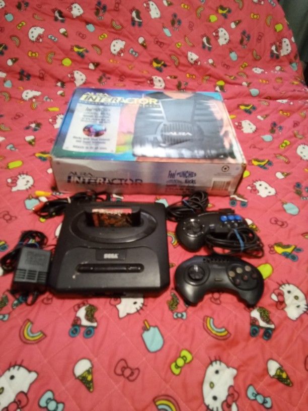 Sega Genesis Console 2 Controllers Cables 1 Game Joe & Mac Aura Interactor