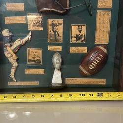 Old Football Evolution Helmet Ball Shadowbox Leather Old History Wall Art Motley. Pre owned in good condition with normal signs of usage. The frame ha