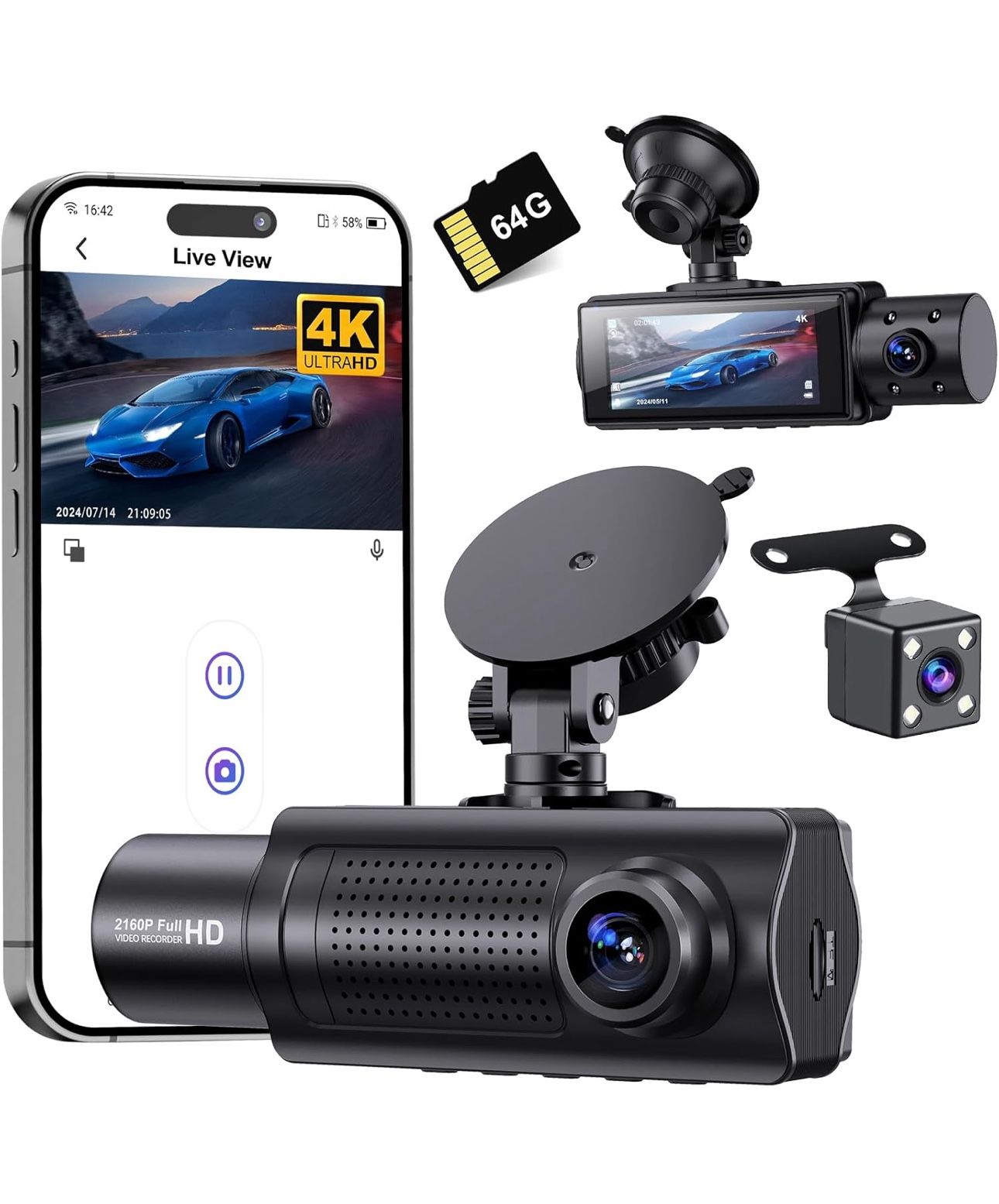 Miden X5 4K WiFi Dash Cam Front and Rear Inside, 2160P+1080P+1080P FHD 3 Channel Dash Camera for Cars, 360° All Sides Dashcam, Free 64G SD Card, G-Sen