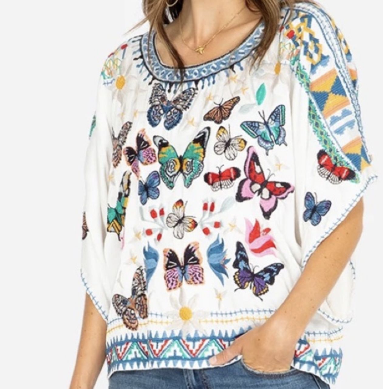 Johnny Was Vanny Embroidered Satin Butterfly Blouse