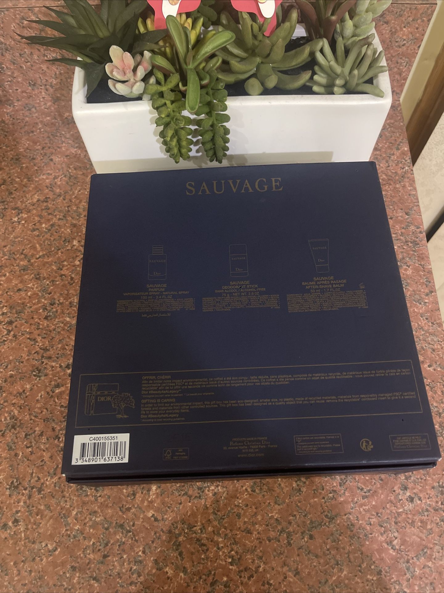 Sauvage Christian Dior Gift Set Parfum 3.4 Oz After Shave Balm 1.7 Deodorant 2.6