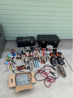 Large Tool Lot w/ Tool Boxes, Hand Tools, Knee Pads, Jumper Cables & More