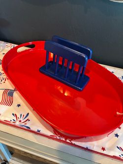 Large heavy plastic red serving tray & wood napkin holder