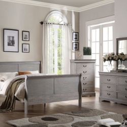 Louis Phillipe Grey Queen Bed , Night Stand Dresser and Mirror 