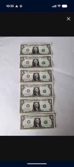 Set of 6 consecutive one dollar bills.