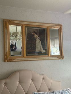 Gold Ornate Triptych Mirror with Center Art Print