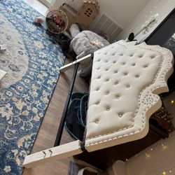 Oliver and Smith Queen Upholstered Platform Bed Frame 51 Inch Tall Button Tufted Linen Headboard