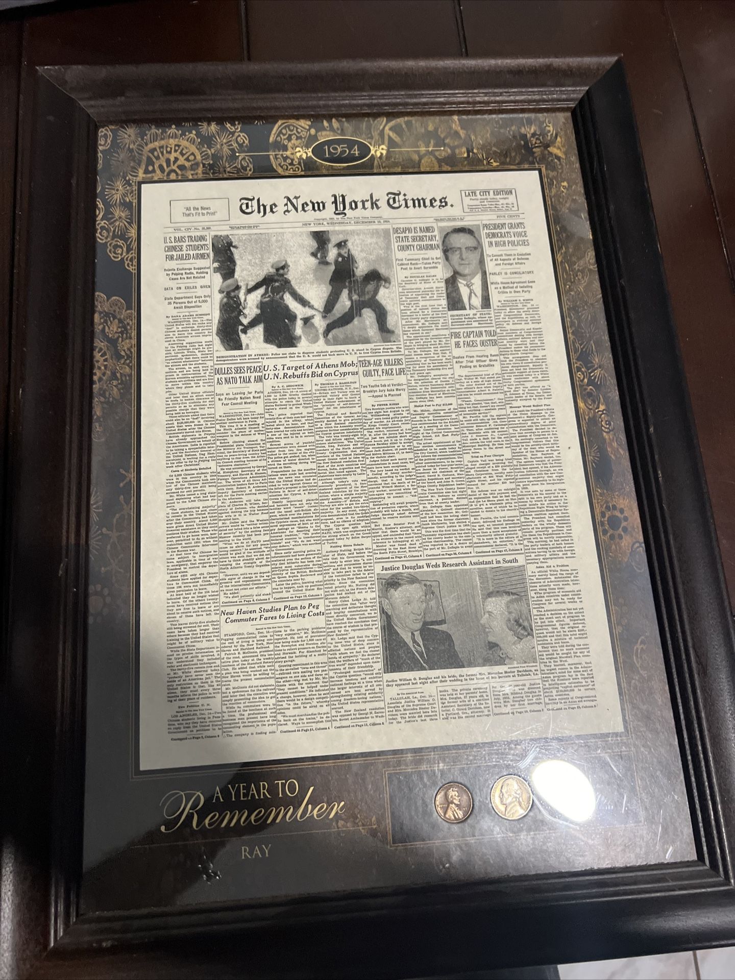 The New York Time 1954 Year To Remember Print With Coins Newspaper Print